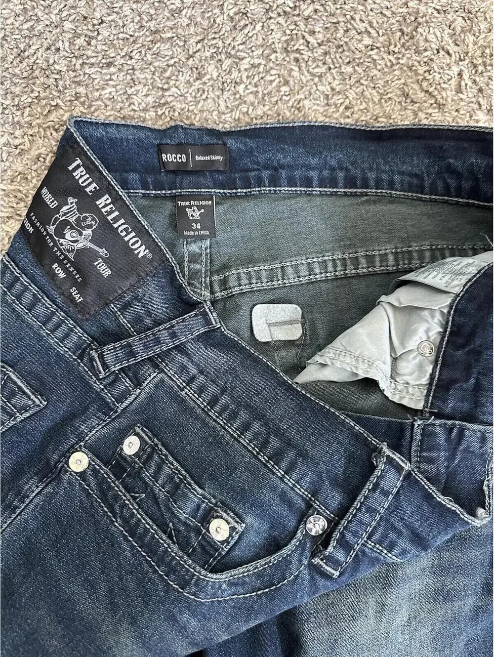 NEW True Religion Rocco Jeans Men's Blue Denim Pants Relaxed Skinny Size 34x32
